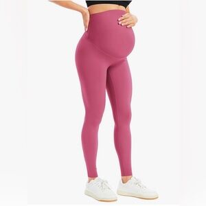 Women's Maternity Leggings Over The Belly Bump Workout Full Length Yoga Pink L
